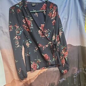 Elegant Floral Wrap Blouse - Navy Blue and Red